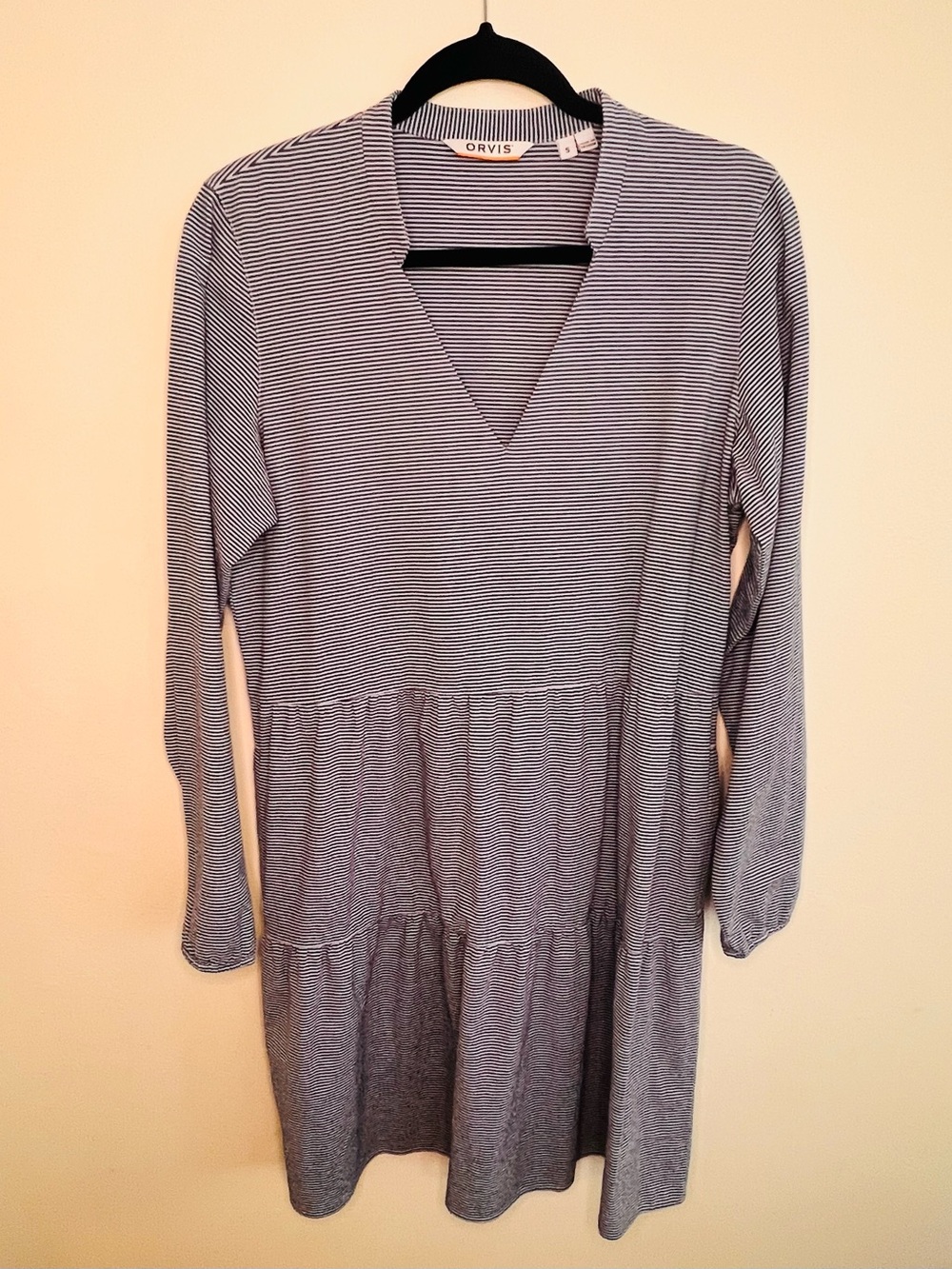 Orvis Navy and White Striped Long-Sleeve V-Neck Tiered Dress